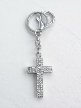 Silver rhinestone cross charm Keychain NWT